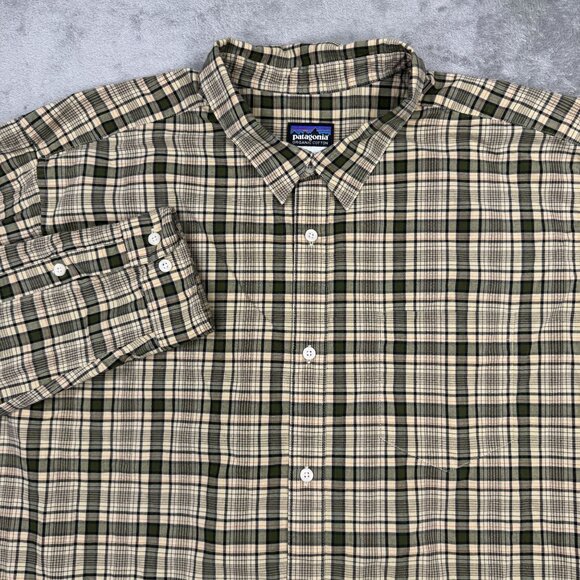 PATAGONIA Organic Cotton Mens Plaid Button Up Long Sleeve Shirt Tartan Neutral - Picture 1 of 8